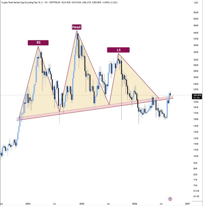 The image is a weekly candlestick chart of the **Crypto Total Market Cap Excluding Top 10** (CRYPTOCAP:.TOTAL2) showing a Head and Shoulders pattern with the Left Shoulder (LS), Head, and Right Shoulder (RS) labeled, along with an ascending support trendline. The chart is currently testing the neckline resistance around **$209.89B**, with the recent weekly close above this zone confirming the altcoin market's potential bottom, as highlighted in the post—signaling either a bullish reversal or a bull trap if it fails to hold.
