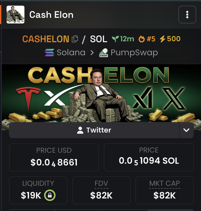 A screenshot of a crypto trading platform showing the token "Cash Elon" (ticker $CASHELON) on Solana via PumpSwap, priced at $0.048661 USD with a market cap of $82K and FDV of $82K. The post promotes this low-cap memecoin, encouraging followers to drop wallets for an airdrop and drawing a comparison to the past success of $cashcat, with the contract address provided for buying on Solana.