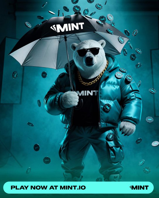 A promotional image for MINT.io featuring a polar bear mascot wearing sunglasses, a gold chain, and a teal jacket, holding a 'MINT' branded umbrella while coins rain down, with the call-to-action 'PLAY NOW AT MINT.IO'.