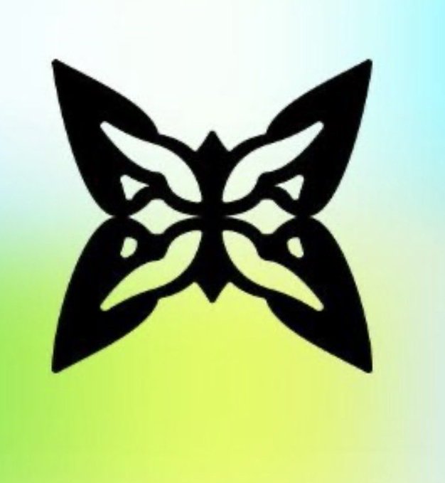Stylized black butterfly/bow-shaped logo with tribal accents displayed against a soft green-to-blue gradient background.