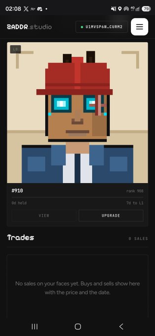 A screenshot of BADDR.studio showing a pixel art NFT (#910) of a character with a red cap and blue digital eyes, with '0 Sales' in the Trades section.