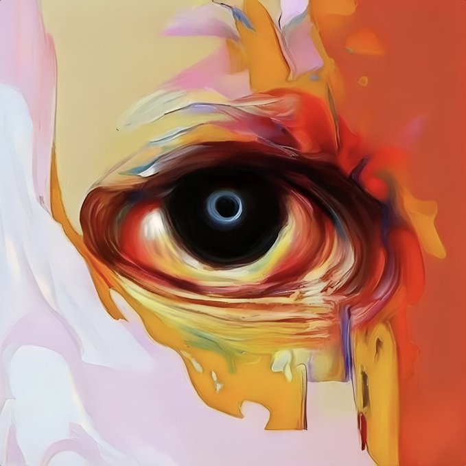 An abstract, digitally painted image featuring a single eye in the center, surrounded by vibrant swirls of orange, yellow, red, and white paint.