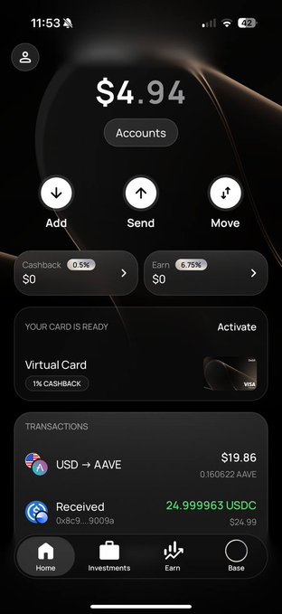 A screenshot of a cryptocurrency banking app showing a balance of $4.94, with options for Add, Send, and Move, a virtual card offer, and transactions including USD to AAVE.