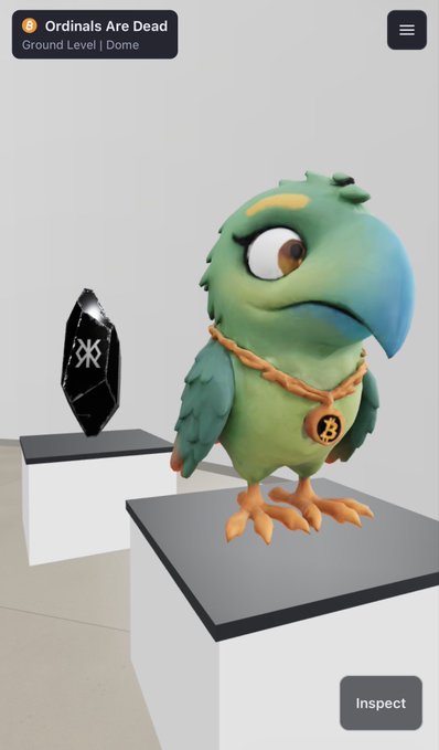 A 3D rendering of a green parrot with a gold chain and Bitcoin pendant standing on a pedestal next to a black coffin-like object labeled "Ordinals Are Dead | Ground Level | Dome".