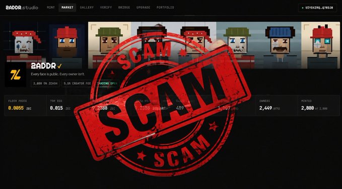 A screenshot of a NFT marketplace profile for 'BADDR studio' marked with a large red 'SCAM' stamp over the interface.