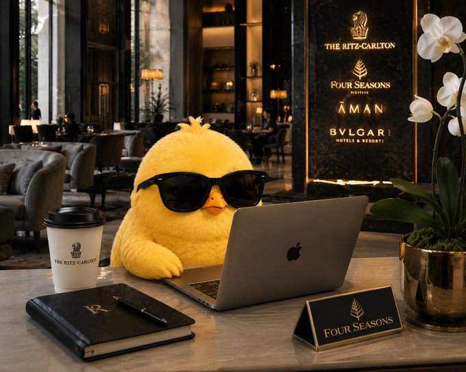 A yellow duck wearing black sunglasses types on an Apple laptop at a luxury hotel desk, accompanied by a "THE RITZ-CARLTON" coffee cup, a leather notebook, and signs for "THE RITZ-CARLTON", "FOUR SEASONS", and "BVLGARI HOTELS & RESORTS".
