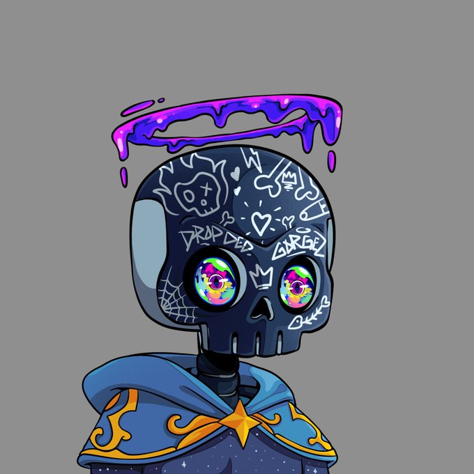 A digital illustration of a dark, graffiti-covered skull with large, colorful, kaleidoscope-like eyes, topped with dripping purple and pink slime, and wearing a starry blue robe.