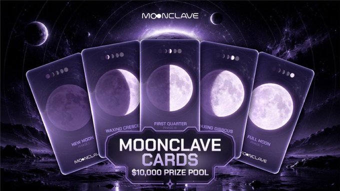 Five Moonclave cards displaying moon phases (New Moon, Waxing Crescent, First Quarter, Waxing Gibbous, Full Moon) are arranged in a fan against a cosmic purple background, with a central banner promoting a "$10,000 PRIZE POOL" rewards campaign for community creators and members.