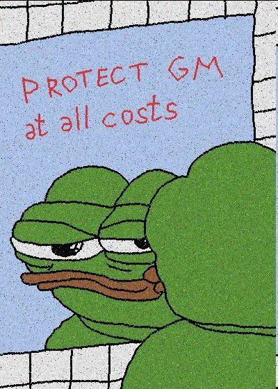 A meme featuring the Pepe the Frog character with a tired expression in front of a window, with red handwritten text reading 'PROTECT GM at all costs'.