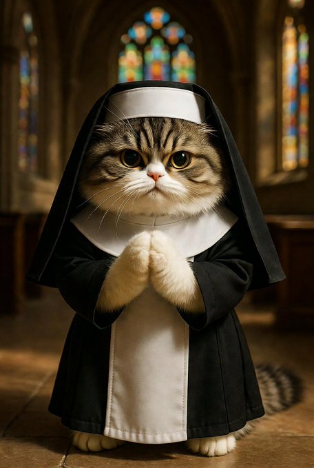 A cat dressed in a black and white nun's habit, posed with its paws together in prayer inside a church with stained glass windows in the background.