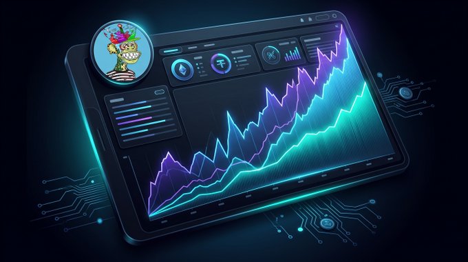 A stylized dashboard displays a rising glowing teal and purple line chart alongside various data widgets, with a cartoon whale mascot wearing a party hat positioned in the upper-left corner. The visual reinforces the post's narrative by symbolizing Hyperliquid's explosive growth in open interest and the surge in stock perpetuals volume from $0.5B to $11B.