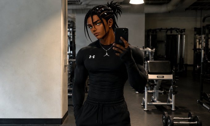 A digital illustration of a muscular man with dreadlocks taking a mirror selfie in a gym, wearing a black Under Armour shirt and holding a smartphone.