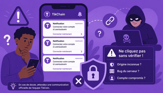 The image is a French-language cybersecurity warning graphic for "$TikChain" that shows a concerned user receiving suspicious "Connectez votre compte à Loenlaubsen" notifications on a smartphone, contrasted with a hooded hacker figure behind a skull-marked computer, with a tip box advising "Ne cliquez pas sans vérifier" (Don't click without verifying) and flagging unknown origins, server bugs, and compromised accounts. A bottom banner reminds users to await official communication from the TikCoin team, directly illustrating the accompanying alert's message about avoiding fraudulent links until verified announcements are made.