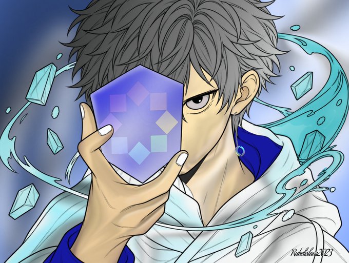 An anime-style illustration features a gray-haired young man holding up a glowing purple hexagonal card with pixel patterns, surrounded by swirling water and floating cyan crystals.