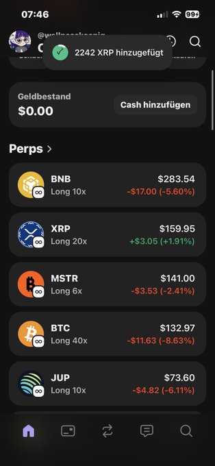 !"Gebt mir ale xRP, danke" is written above an iPhone screen shot of a list of various Bitcoin transactions with their corresponding values. The text also mentions the Bitcoin mining process as being used for transactions.
