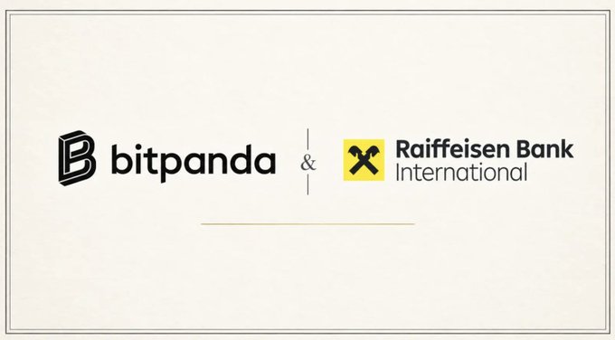 The image features the logos of Bitpanda and Raiffeisen Bank International side-by-side, separated by an ampersand, visually representing their expanded partnership to offer Bitcoin and crypto services to approximately 18 million customers across Central and Eastern Europe.