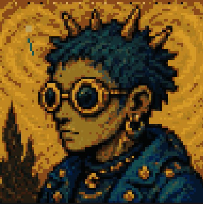Pixel art portrait of a person with spiky dark hair wearing round glasses, with a glowing mark on their forehead, set against a golden-yellow textured background.