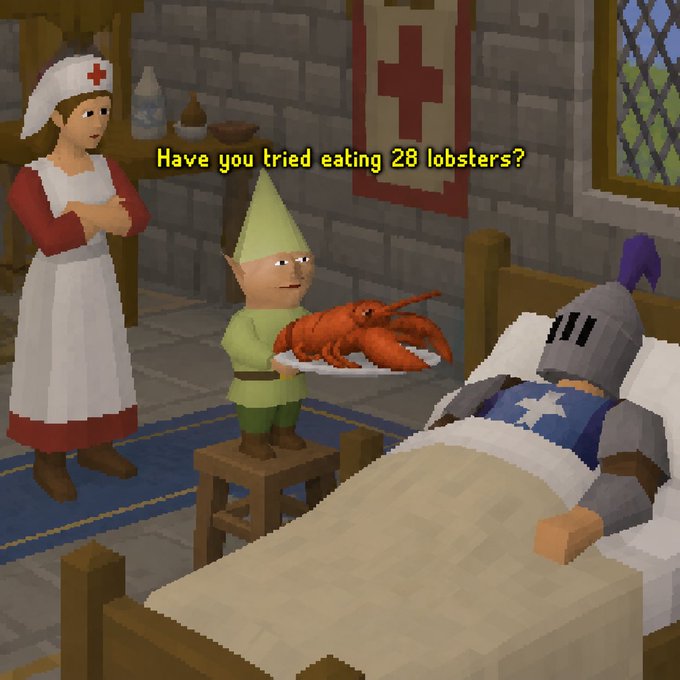 A RuneScape video game screenshot showing a character in green elf attire offering a lobster on a plate to a knight in bed, with text reading 'Have you tried eating 28 lobsters?'