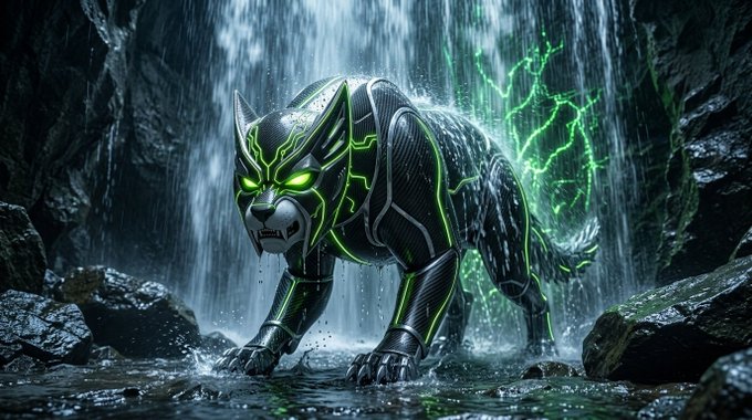 A digital artwork of a futuristic panther or jaguar with glowing green circuit-like patterns, standing in a dark rocky environment with water and lightning in the background.