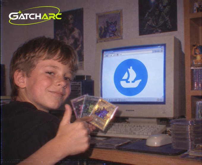 A vintage photo of a smiling boy giving a thumbs-up while holding Pokémon trading cards in front of a CRT monitor displaying the Quicksave icon, branded with "GATCHARC."