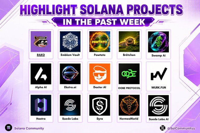 A purple-themed graphic titled "HIGHLIGHT SOLANA PROJECTS IN THE PAST WEEK" displays a 3x5 grid of 15 featured Solana-based project logos, including RAKO, Emblem Vault, Pawtato, Brötchen, Swamp Ai, Alpha Ai, Ekstra.ai, Dexter AI, OOBE Protocol, WURK.FUN, Hastra, Suede Labs, Syra, HermesWorld, and Suede Labs AI, credited to "Solana Community" (@SolCommunityy). The image serves as a visual showcase of the standout Solana projects mentioned in the accompanying post, which highlights several of these same names including @Rakosolofficial, @EmblemVault, @PawtatoFinance, and @dexteraisol.