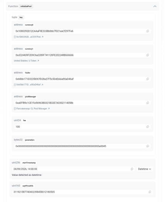 This image displays a blockchain transaction record showing the "initializePool" function call on PancakeSwap CL Pool Manager, configuring a liquidity pool with USDC and an unknown token (0x1D8039...) with a fee of 100, timestamp 24/09/2026 at 14:00:00, and a sqtPriceX96 of 311921587740402398458012180505—relating to the post by showing on-chain evidence of a new pool being initialized, likely supporting the claim about Binance Alpha listing $pPOLY on PancakeSwap.