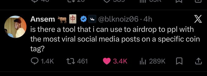 A screenshot of a tweet from crypto influencer Ansem (@blknoiz06) asking if there's a tool to airdrop to users sharing viral social media posts about a specific coin, alongside a post encouraging users to keep bull posting about $ANSEM to potentially earn rewards. The tweet highlights a potential reward mechanism tied to social media engagement, directly tying into the post's call to action for $ANSEM supporters.