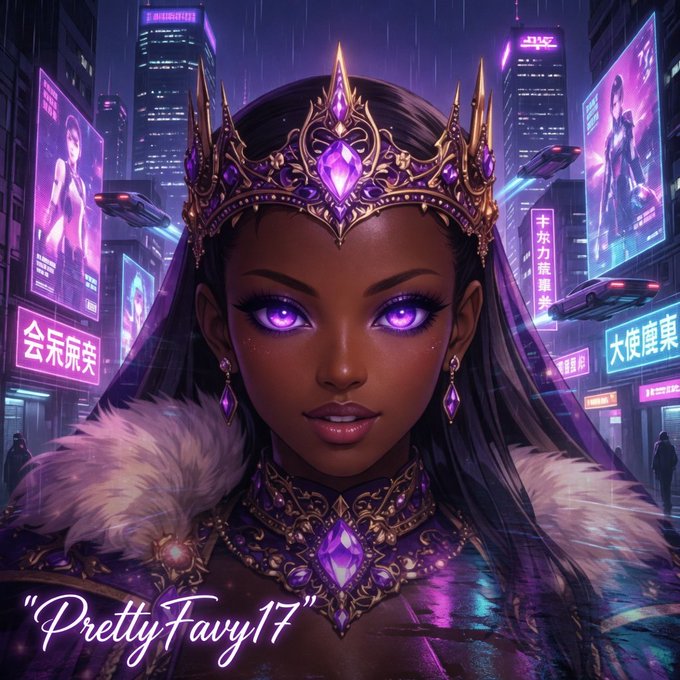 The image features a beautiful black woman with long hair wearing a purple crown and a gold necklace. She has striking blue eyes that add to her allure. The background of the image shows an urban cityscape filled with neon signs, indicating that she is in a bustling city environment. The caption below the image reads "Pretty Fam17" which suggests that this artwork might be related to a social media post or a digital art piece.