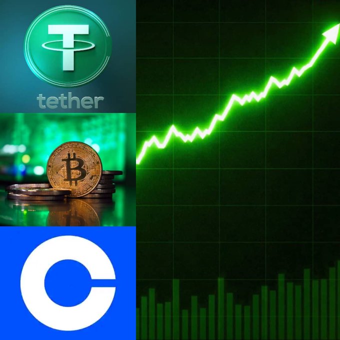 A composite image features the Tether (USDT) logo at the top left, a Bitcoin physical coin next to the Coinbase logo at the bottom left, and a green upward-trending chart on the right, visually reinforcing the news that Tether and Coinbase are significantly increasing their Bitcoin holdings amid a rising market trend.