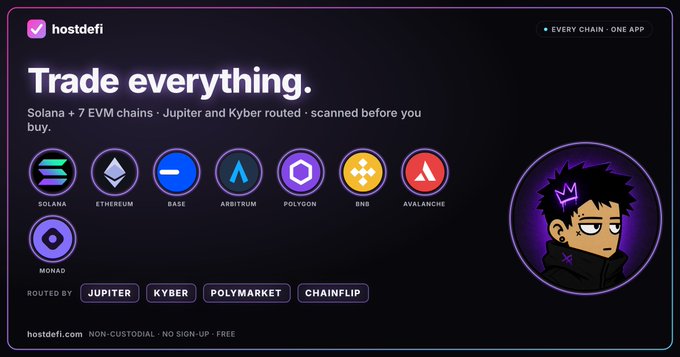 An advertisement for 'hostdefi' cryptocurrency trading platform with the tagline 'Trade everything.' displaying various blockchain logos including Solana, Ethereum, Base, Arbitrum, Polygon, BNB, Avalanche, and Monad.