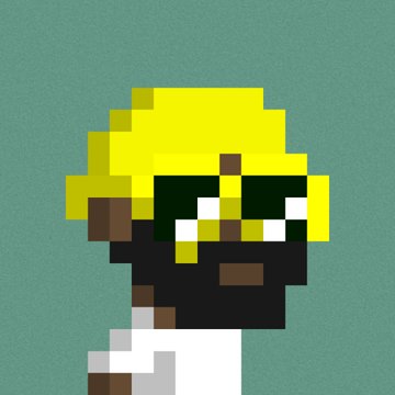 Pixel art of a character with a yellow hat and sunglasses on a teal background.