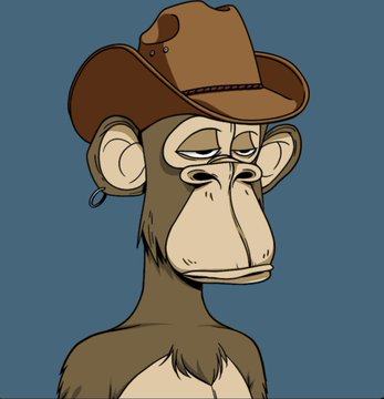 A digital illustration of a Bored Ape-style cartoon monkey wearing a brown cowboy hat with an earring, set against a blue background.