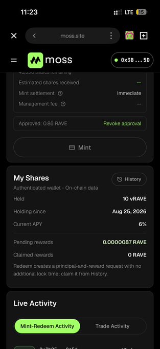A mobile screenshot of the moss.site interface showing a wallet dashboard with 10 vRAVE shares held and 0.86 RAVE approved.