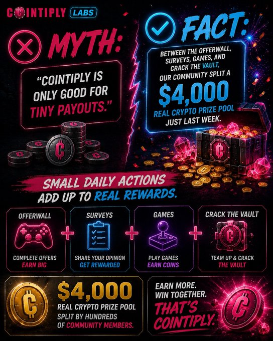 A promotional graphic for Cointiply Labs debunks the myth that "Cointiply is only good for tiny payouts," highlighting that the community split a $4,000 real crypto prize pool just last week through offerwalls, surveys, games, and Crack the Vault, proving that "small daily actions add up to real rewards."