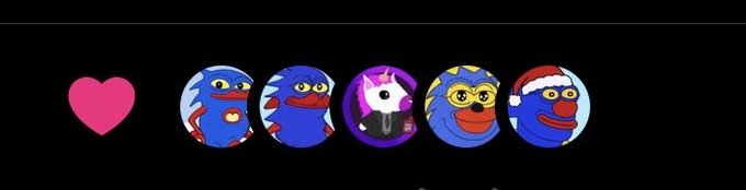 A black banner displaying a pink heart icon followed by five circular profile icons featuring blue bird-like characters in various costumes.
