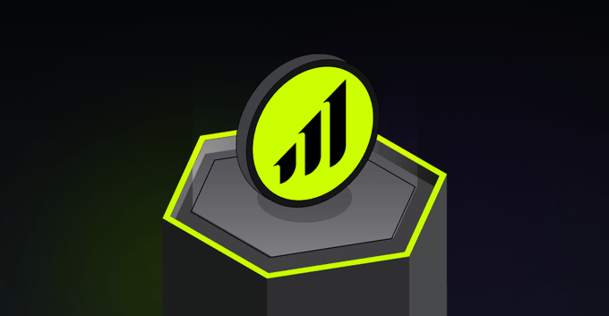 A neon green coin featuring a stylized geometric logo sits atop a dark hexagonal platform, visually representing LeverUp's crypto trading platform and aligning with the $3,000 rewards campaign for traders.