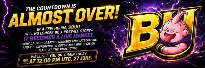 The image is a promotional graphic with a dark purple background and lightning effects, featuring the text "THE COUNTDOWN IS ALMOST OVER!" and announcing that "$BUU" will transition from a presale to a live market on-chain at 12:00 PM UTC, 27 June, alongside a pink dragon-like character incorporated into the "BU" logo.

This image visually complements the post by celebrating Buu's successful presale debut on Cheesepad—raising 4,324 BNB, $2.5M+, and 892 contributors—and building anticipation for its imminent live market launch.