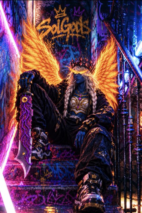 A blue-skinned winged figure with a crown sits on graffiti-covered stairs holding a sword, with "SOLGUTS" written in graffiti on the wall behind.