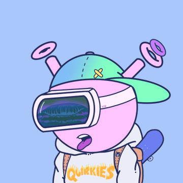 A cartoon character with a colorful cap, VR headset, pink cheeks, and 'Quirkies' branded hoodie on a blue background.