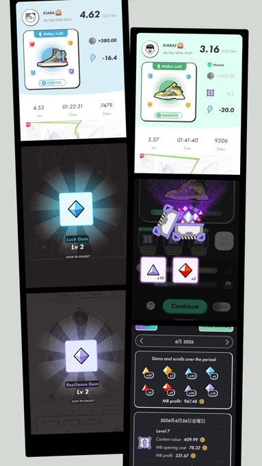 The image shows STEPN app screenshots displaying two sneaker stats—"KIARA2" with 4.62 GMT and 3.16 GMT efficiency, alongside gem collection screens showing "Luck Gem Lv 2" and "Resilience Gem Lv 2" rewards, plus a daily summary panel from 6/1/2026 listing gems and scrolls earned (MB profit: 787.69). The screenshots visually support the post's mention of collecting gems (#HEAL3, #TheLifeBomb), completing the 20th #PixelPot, and burning more tokens than were generated during the rainy walking session.