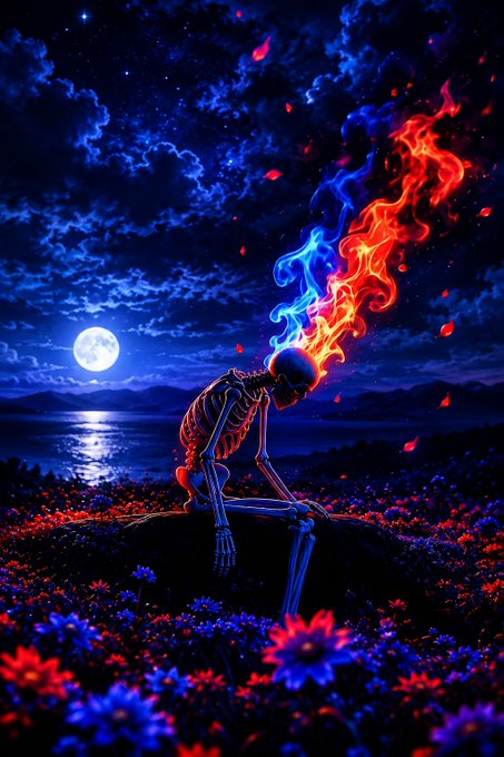 A digital illustration depicts a glowing skeleton kneeling on a rock in a field of flowers under a full moon, with blue and red flames emanating from its skull.