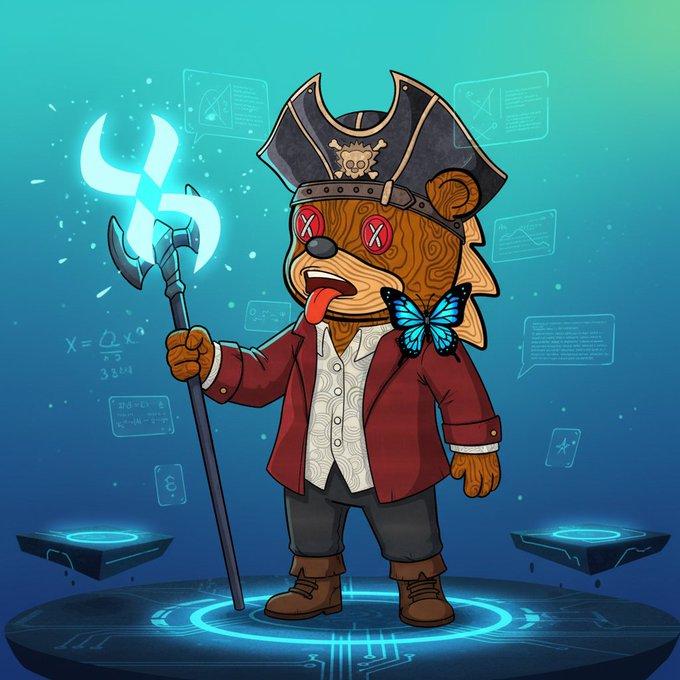 A cartoon bear pirate character wearing a tricorn hat with a skull and crossbones, red "X" eyes, and sticking out its tongue, holds a glowing blue anchor-staff topped with the "QUIP" symbol, standing on a futuristic holographic platform with a blue butterfly on its shoulder. The image ties to the post by visually representing the "G $QUIP" ticker and the "post quantum shield" concept through the bear's cyberpunk, post-quantum-themed pirate aesthetic, evoking the secure, tech-forward nature of the Quip Network testnet experience described.