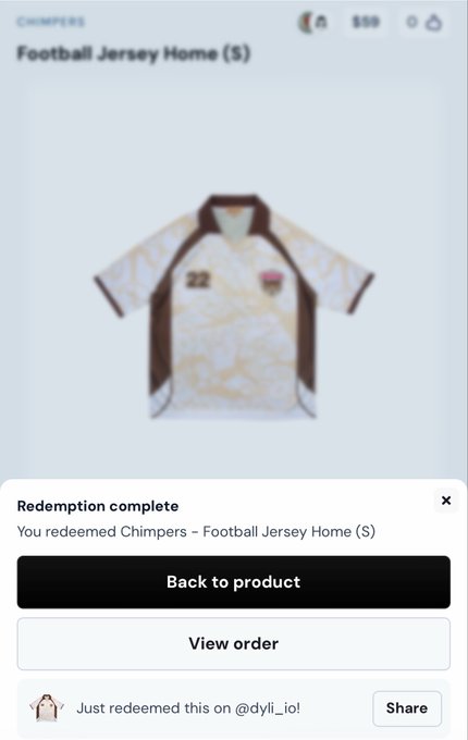 Redemption confirmation screen showing a 'Football Jersey Home (S)' from Chimpers with options to go back to product or view order.