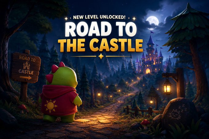 A digital illustration titled 'NEW LEVEL UNLOCKED! ROAD TO THE CASTLE' showing a green character in a red cloak facing a glowing castle in a moonlit forest, next to a sign reading 'ROAD TO CASTLE'.