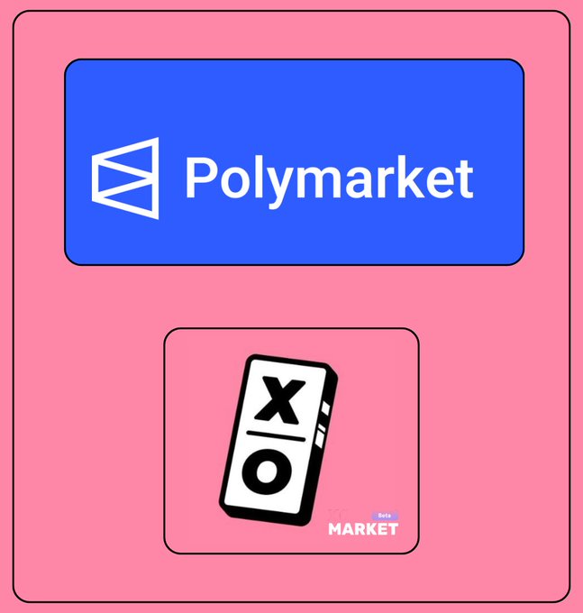 xto and polymarket logos are displayed on a pink background, with the x to the left of the polymarket logo and the word "Market" below it.