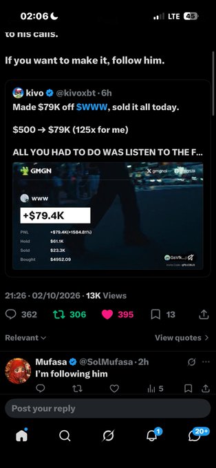 A mobile screenshot of a social media post by 'kivo' (@kivoxbt) shows a profit screenshot of $79.4K from a $500 investment, with engagement metrics showing 362 comments, 306 reposts, and 395 likes.