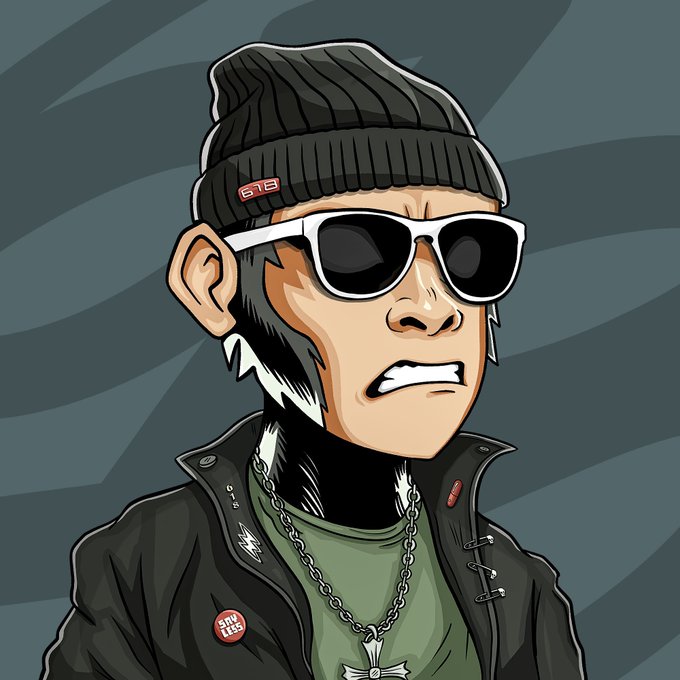 A stylized vector/caricature portrait of a man wearing a black beanie with a 'GTB' label, white-framed sunglasses, a leather jacket, and a silver cross chain necklace against a dark swirling background.