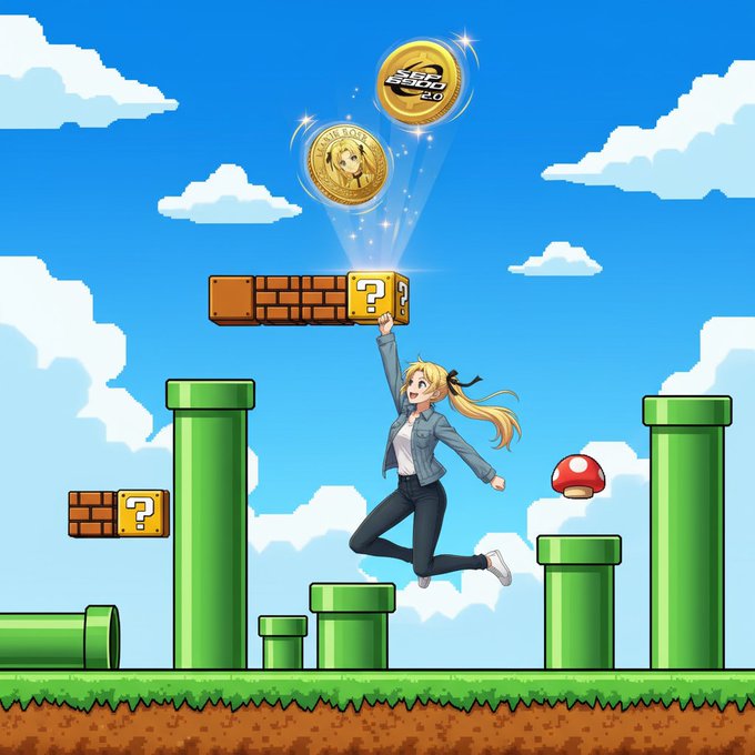 The image features a girl with blonde hair, dressed in a blue jacket, jumping into the air while holding two gold coins above her head. The coins are floating in front of her face, creating an impression that she is being lifted off the ground by them. In the background, there are green pipes and a mushroom on the right side of the image.

The post reads "Dev of SPX wants to power up MARIE", which seems to be related to the girl's actions in the image. The phrase "MARIE" is likely an indication that the coins being held by the girl represent the character Marie from the video game Super Mario Bros., and her jumping into the air signifies a moment from the game where she is being lifted off the ground by those coins.