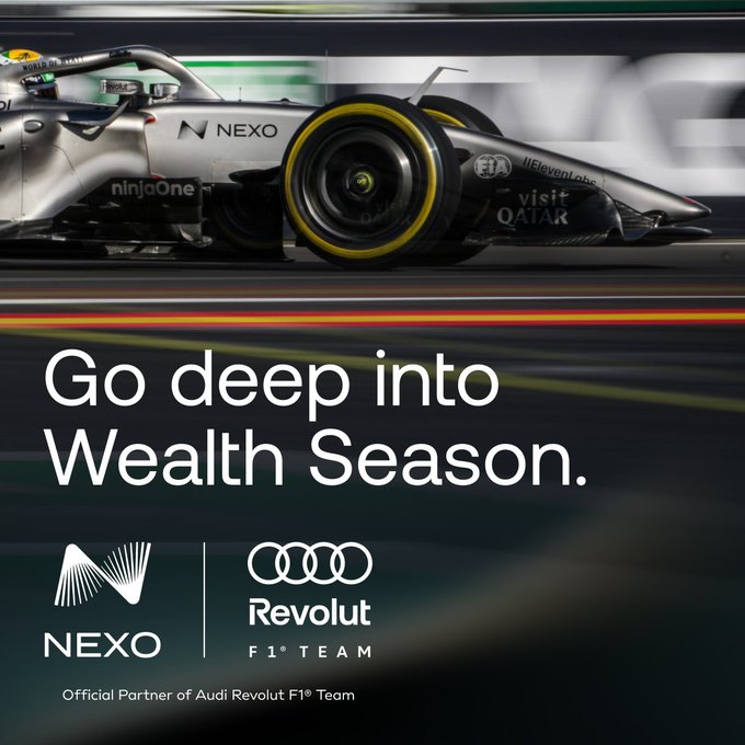 A promotional advertisement showing a Formula 1 race car with NEXO branding, featuring the text 'Go deep into Wealth Season' and 'NEXO - Official Partner of Audi Revolut F1 Team'.