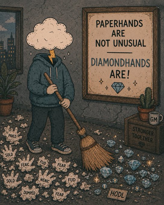 An illustrated scene showing a hooded figure sweeping up scattered 'PAPERHANDS' labels into a pile of sparkling 'DIAMONDHANDS' diamonds, with a sign reading 'PAPERHANDS ARE NOT UNUSUAL, DIAMONDHANDS ARE!' and a box labeled 'STRONGER TOGETHER'.